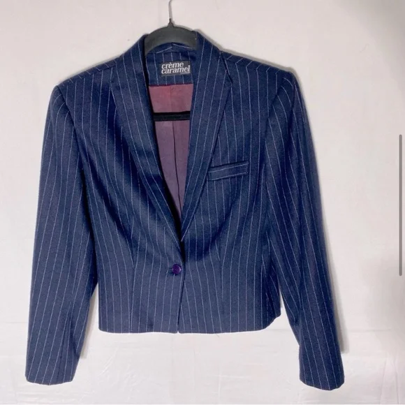 Vintage Crème Caramel Navy Blue Pinstriped Suit Skirt Set S - Picture 7 of 13